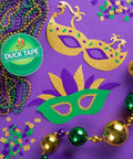 Green Heavy Duty Duct Tape Roll, Single Roll, with colorful masks and beads on purple background for crafting and DIY projects.