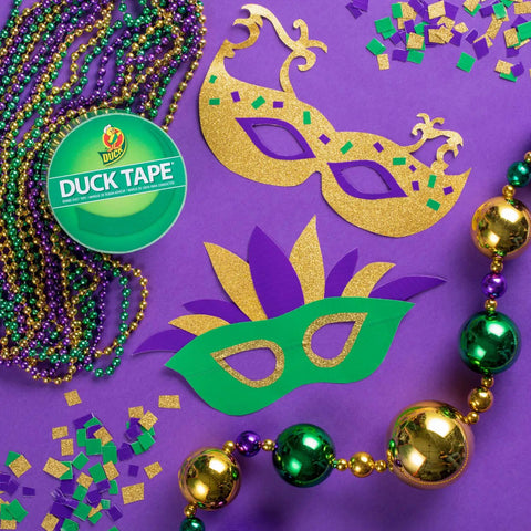 Green Heavy Duty Duct Tape Roll, Single Roll, with colorful masks and beads on purple background for crafting and DIY projects.