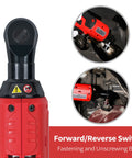 Cordless Three Eighth Inch Ratchet Wrench Workhorse for tough jobs with forward/reverse switch, red color close-up