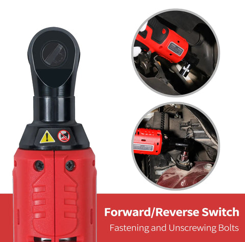 Cordless Three Eighth Inch Ratchet Wrench Workhorse for tough jobs with forward/reverse switch, red color close-up
