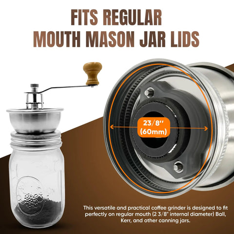 Mason Jar Coffee Grinder Lid With Manual Crank Burr Grinder, Fits Regular Mouth Jars, Rust-Proof Ceramic Mechanism.