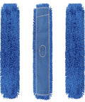 Heavy Duty 48 Inch Blue Microfiber Dust Mop Head Replacement Three Pack For Commercial Floors Pro Level Janitorial Sweeping Workhorse Frame Compatible No Sweat Floor Cleaning Crew - Three blue mop heads side by side.