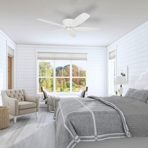 52 Inch Classic Flush Mount Indoor Ceiling Fan With No Light And Pull Chain, Dual Finish Blades in modern bedroom