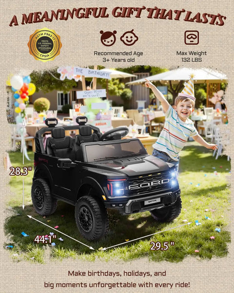 24V Ride On Toy For Big Kids Licensed Ford F150 Raptor Two Seater with child celebrating outdoors