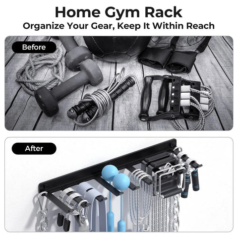 Before and after of Dope Home Gym Storage Rack Wall Mount Kit With Cable Attachments And Lifting Belts Space Saving Organizer.