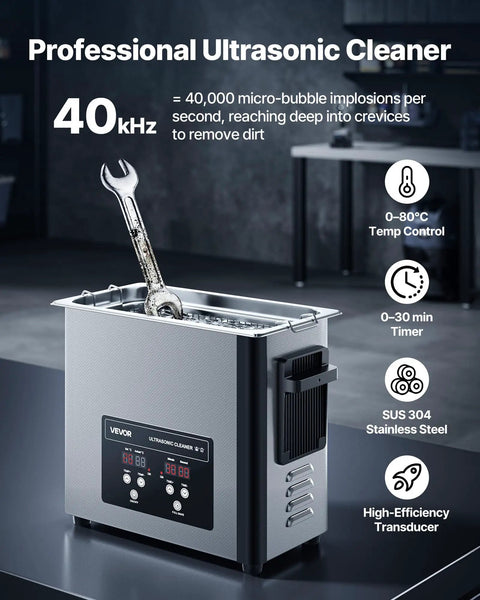 6L Stainless Steel Ultrasonic Cleaner With Digital Display And Cleaning Basket Kicks Grime Off Jewelry Watches And Tools Using Smooth 40 khz Waves to clean a wrench in a professional setting.