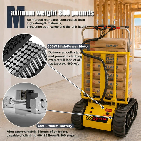 Huge Load Power Lift: Electric Stair Climbing Dolly With 360 Degree Turns For Heavy Gear Moving Smoothly Up And Down Steps On Any Floor Plus Extra Long Battery Life That Gets The Job Done Fast, showcasing motor and heavy-duty design.