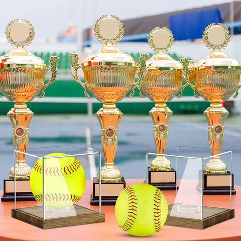 Clear Acrylic Softball Display Case with Wood Base for one ball next to gold trophies, showcasing a softball, dustproof cube
