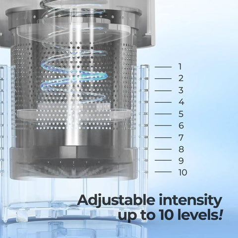 Sleek White Electric Food Dehydrator With Spacious Multi Tier Racks For Turning Out Crispy Jerky And Dried Veggies Right At Home Every Single Time Without Breaking A Sweat showing adjustable intensity levels with clear markings.