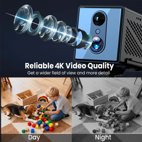 Upgraded 4K Spy Camera With 5GHz WiFi Long Battery Life Night Vision Motion Alerts Free Cloud Storage Wireless Indoor Nanny Cam For Home Security Real Time Alerts With Cloud Backup illustrating day and night video quality comparison.