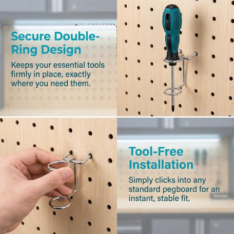 5 Piece Pegboard Screwdriver Holder Set With Double Ring Tool Organizers installed on a pegboard