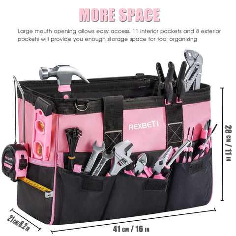 Pink 219-Piece Tool Set For Women With 16 Inch Tool Bag, Ladies Home Repair Kit showing various tools and large 19-pocket design