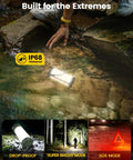 106 LED Camping Lantern With 5000mAh Battery, Up To 80 Hours Of Light, 1200 Lumens, Five Brightness Levels, Three Modes Plus SOS, IP68 Waterproof being submerged in water with person kneeling nearby