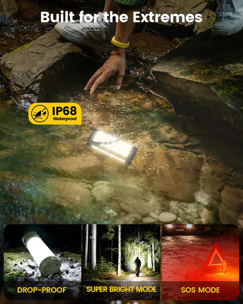 106 LED Camping Lantern With 5000mAh Battery, Up To 80 Hours Of Light, 1200 Lumens, Five Brightness Levels, Three Modes Plus SOS, IP68 Waterproof being submerged in water with person kneeling nearby