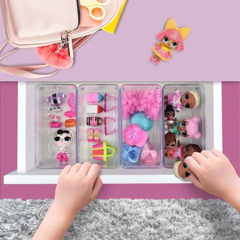 Clear Drawer Organizer Set Of 4 Pieces For Office, Home, Kitchen And Makeup Storage with toys in modular box trays