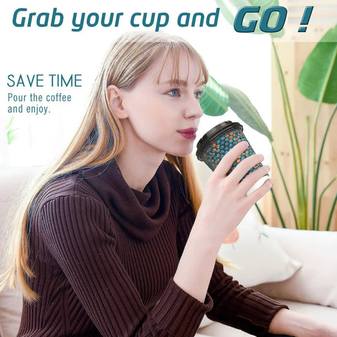Hella Sturdy Double Wall Paper Coffee Cups With Leak Proof Lids 100 Pack 12 Oz Textured Insulated Drinkware held by a woman.