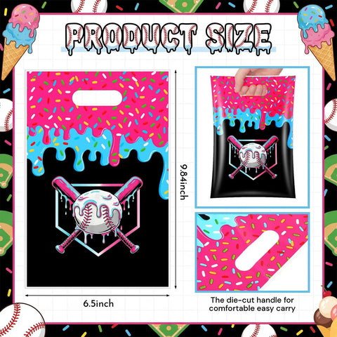 30 Pcs Baseball Snack Bags With Ice Cream Drip Pattern for birthday parties showing size and handle details