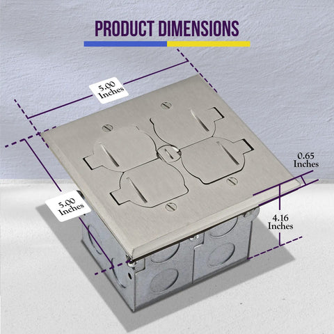 Nickel Plated Brass Flip Lid Floor Box Assembly For 2 Gang 20A Tamper Resistant Weather Resistant Duplex Receptacle dimensions
