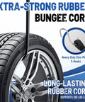 Heavy Duty Bungee Cords With Hooks Set EPDM Rubber Tarp Straps shown securing tire, close-up of S-hooks, supports 180 lbs load.