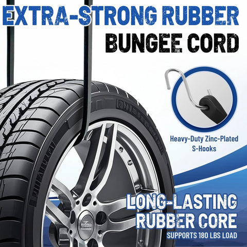 Heavy Duty Bungee Cords With Hooks Set EPDM Rubber Tarp Straps shown securing tire, close-up of S-hooks, supports 180 lbs load.