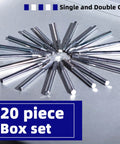Pro Grade Carbide Rotary File Set For Precision Metal And Wood Carving Deburring And Jewelry Making Includes Double Cut And Single Cut Burrs For Rapid Shaping To Fine Finishing One Eighth Inch Shank And Cutting Diameter Fits Dremel And CNC Routers displayed in a circular pattern.