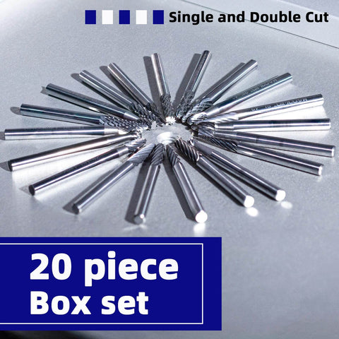 Pro Grade Carbide Rotary File Set For Precision Metal And Wood Carving Deburring And Jewelry Making Includes Double Cut And Single Cut Burrs For Rapid Shaping To Fine Finishing One Eighth Inch Shank And Cutting Diameter Fits Dremel And CNC Routers displayed in a circular pattern.
