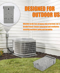 Built Tough And Weatherproof 60 Amp AC Disconnect Switch Box For Outdoor Units Zero Drama Power Shutoff 120 240 Volt NEMA 3R Galvanized Steel Panel outdoors next to air conditioning unit.