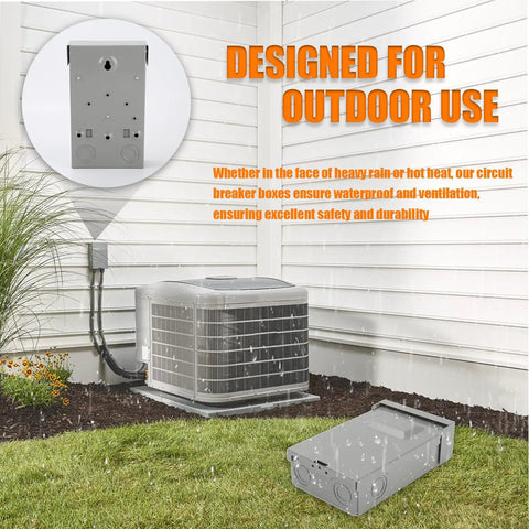 Built Tough And Weatherproof 60 Amp AC Disconnect Switch Box For Outdoor Units Zero Drama Power Shutoff 120 240 Volt NEMA 3R Galvanized Steel Panel outdoors next to air conditioning unit.