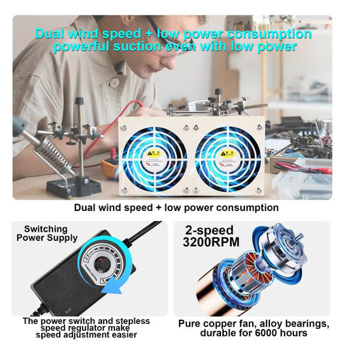 Person using Dual Fan Soldering Fume Extractor With H13 HEPA Filter, 3200 RPM Smoke Absorber For Welding, Jewelry, And Electronics Repair