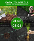 Heavy Duty Weed Barrier Landscape Fabric 2.6 Ft By 100 Ft Thick Garden Blocker Cloth being installed with tools and plants.