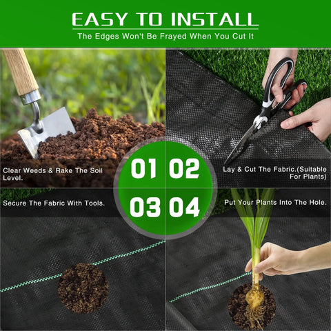 Heavy Duty Weed Barrier Landscape Fabric 2.6 Ft By 100 Ft Thick Garden Blocker Cloth being installed with tools and plants.