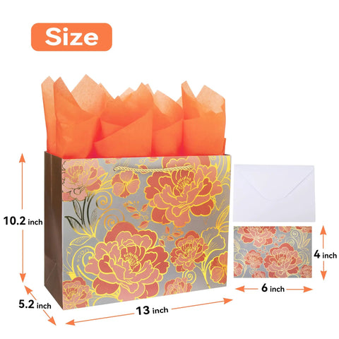 Rose Gold Gift Bag Set With Greeting Card And Orange Tissue Paper That Elevates Your Gifting Game For Birthdays, Mother's Day, Christmas, Weddings, And More, 13 X 10.1 X 5.2 Inches, 1 Pc, showing dimensions and floral design.
