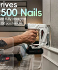 Heavy Duty Cordless Brad Nailer And 2 In 1 Electric Stapler With Fast Charge Battery for fine woodwork in use against a wall.