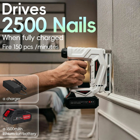 Heavy Duty Cordless Brad Nailer And 2 In 1 Electric Stapler With Fast Charge Battery for fine woodwork in use against a wall.