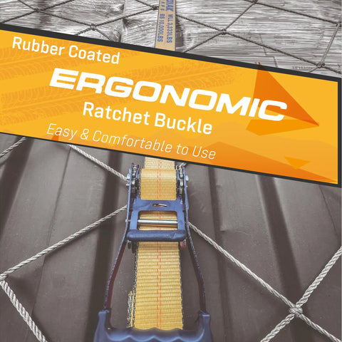 4 Pack Heavy Duty 2 Inch By 27 Foot Ratchet Tie Down Straps With Flat Hooks on a truck bed showcasing ergonomic ratchet buckle.