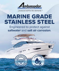 Luxury yacht sailing on ocean promoting marine grade stainless steel corrosion resistance.