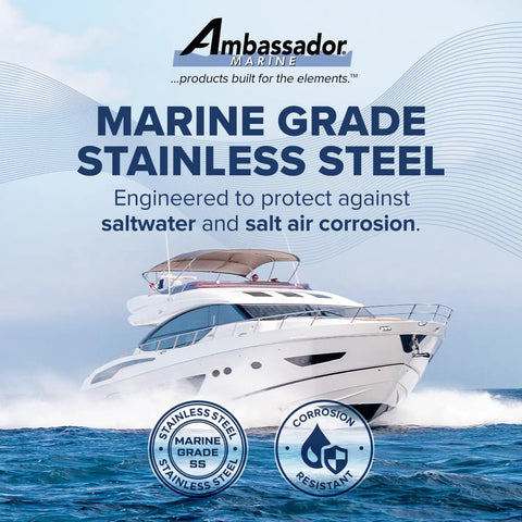 Luxury yacht sailing on ocean promoting marine grade stainless steel corrosion resistance.