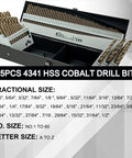 115 Piece Cobalt Drill Bit Set With Pro Grade High Speed Steel And 135 Degree Tip For Hardened Metal Plastic And Wood In A Metal Indexed Storage Case displayed with open case showing drill bits.