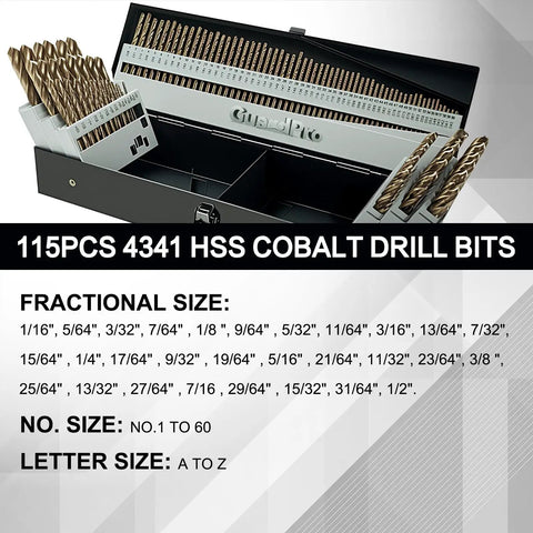 115 Piece Cobalt Drill Bit Set With Pro Grade High Speed Steel And 135 Degree Tip For Hardened Metal Plastic And Wood In A Metal Indexed Storage Case displayed with open case showing drill bits.