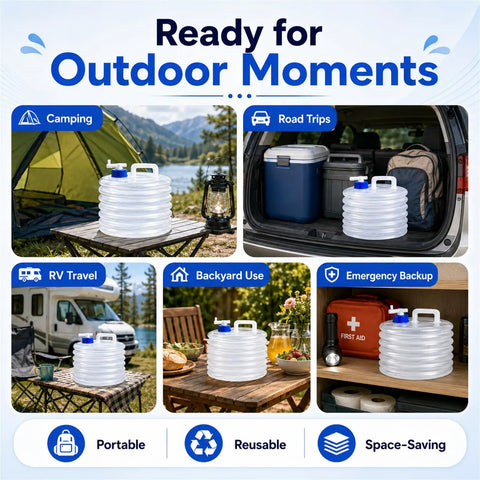 Collapsible Water Container With Spigot For Camping, Foldable Water Jug in various outdoor and emergency setups.