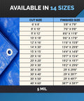 Chart showing available sizes for blue waterproof 40x60 tarp heavy duty 5 mil poly tarpaulin outdoor cover all purpose rain sun shield.