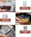Gigantic 17 Cup Glass Food Storage With Lids Leakproof BPA Free Mega Meal Prep Container shown stored in fridge, microwave, dishwasher