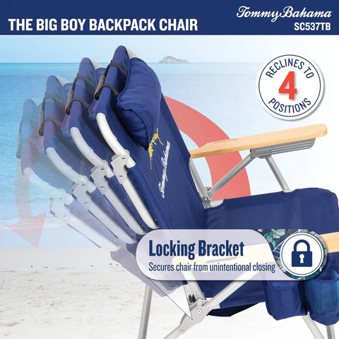 Big Boy 4-Position Folding Backpack Chair With 13 Inch High Seat For Beach Or Camp shown in multiple positions, navy