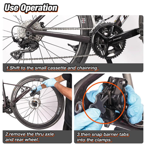 Instructions on using Dummy Hub Bike Chain Holder For Thru Axle Frames with Elastic Snap Fit, wheel removal and cleaning steps