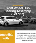 Image of Front Wheel Hub Bearing Assembly compatibility chart with vehicles in the background, includes Toyota 4Runner, Sequoia, Tundra, Tacoma.