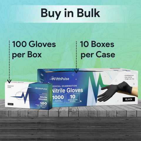 Front view of FifthPulse black large nitrile gloves, medical grade, powder-free; 1000 gloves in 10-box case
