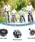 Family biking with Quiet Heavy Duty Training Wheels For Kids Bikes Stabilizer Kit, shown with stability and abrasion-proof details.