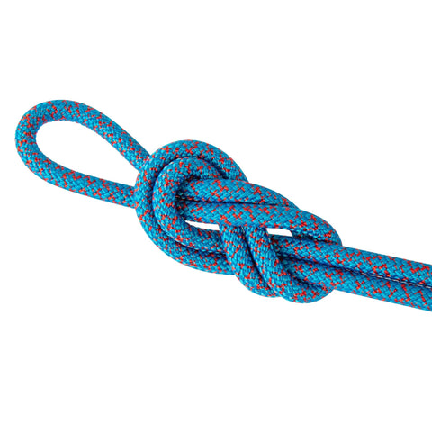Blue and red Beefy Double Braided Arborist Rope 1/2 Inch By 125 Feet No Stretch Static Rope With 7200 Lb Working Load in knot.