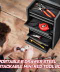 Heavy Duty Pro Grade 8 Drawer Rolling Tool Box Set In Black Stackable Micro Roll Cab With Lockable Drawers on a table with tools