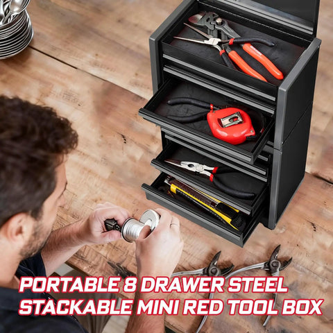 Heavy Duty Pro Grade 8 Drawer Rolling Tool Box Set In Black Stackable Micro Roll Cab With Lockable Drawers on a table with tools